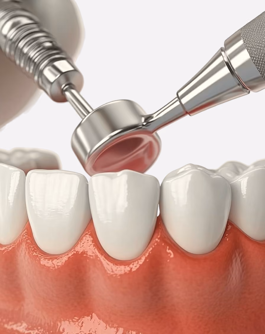 Dental tool polishing white teeth with pink gums visible underneath.