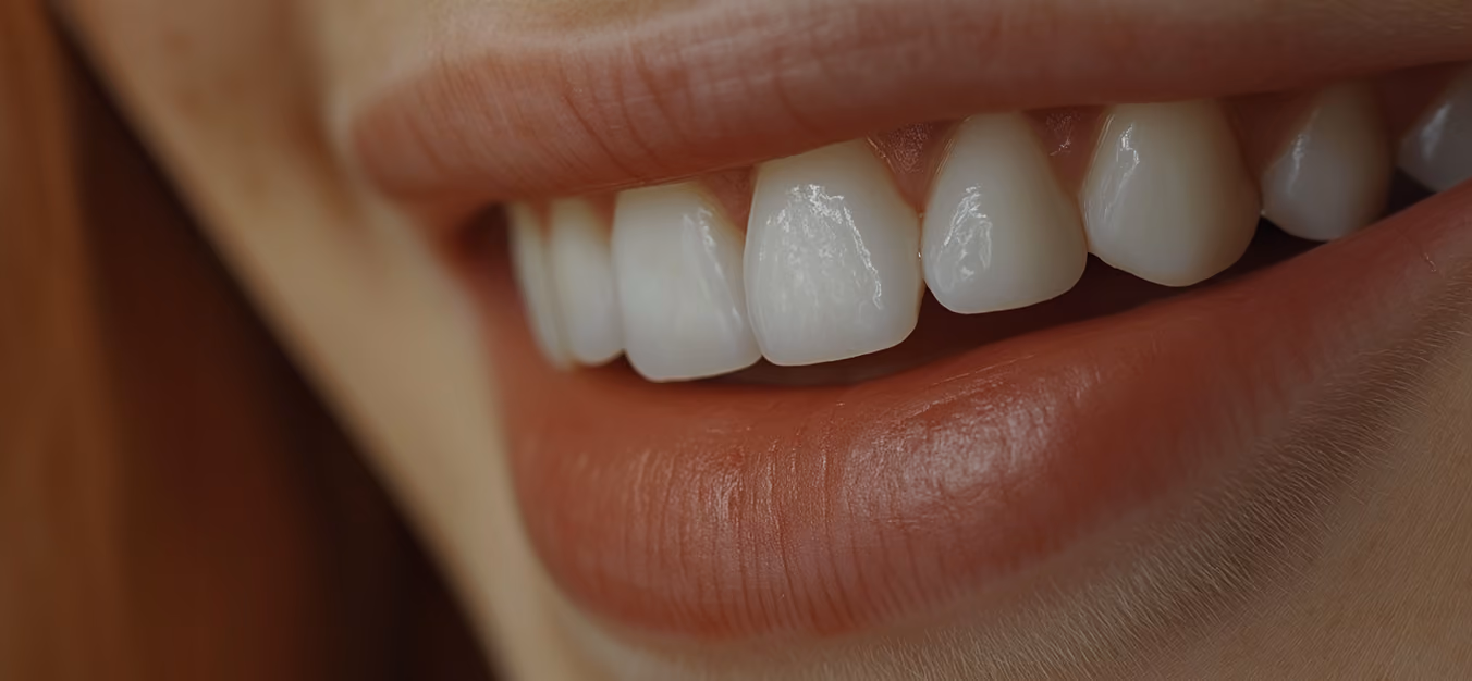 Close-up of a person's smile showing white, healthy teeth and lips.
