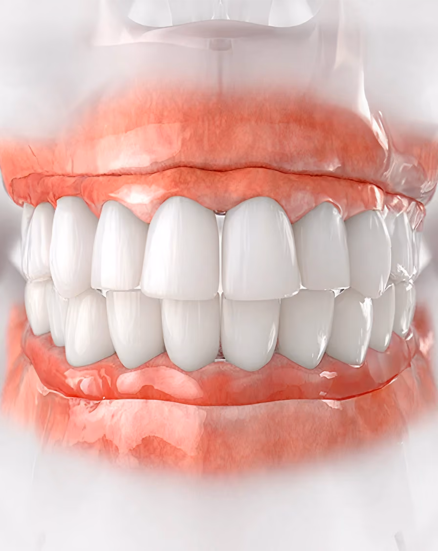 Dental tool polishing white teeth with pink gums visible underneath.